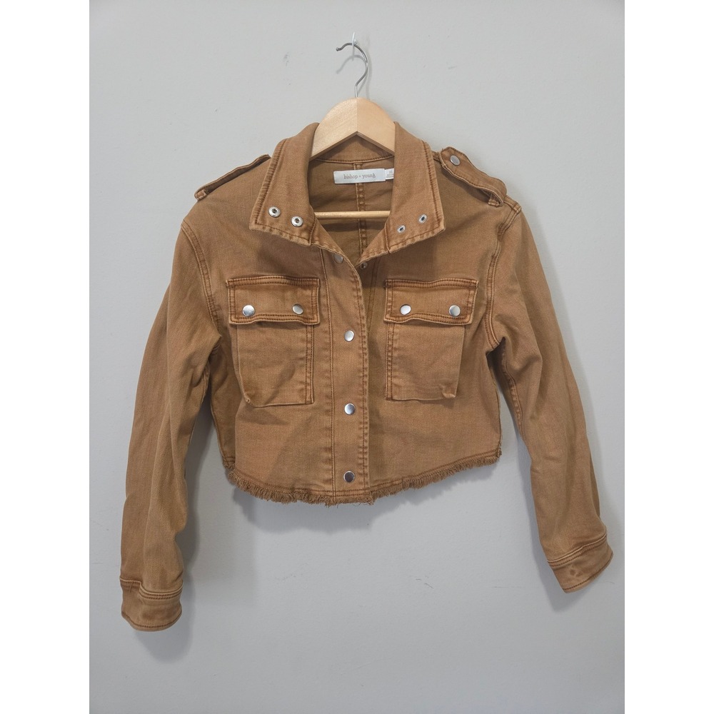 Bishop + Young Women Brown Cropped Utility Denim Jacket Frayed Hem XS